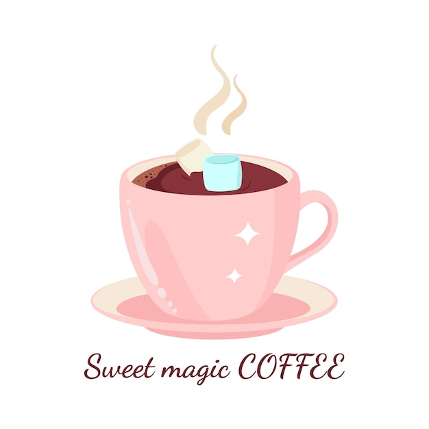Vecteur boisson dessert savoureuse. une tasse de chocolat chaud tout café avec guimauves. café magique doux.