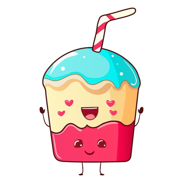 Boisson de dessin animé mignon dans une grande tasse avec une paille rayée Coeurs souriants rose bleu beige bouche ouverte Café thé cocktail dessert cupcake gâteau sucré