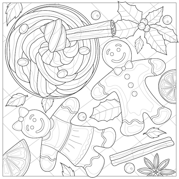 Boisson De Noël Au Pain D'épice.livre De Coloriage Antistress Pour Enfants Et Adultes.style Zen-tangle.dessin Noir Et Blanc