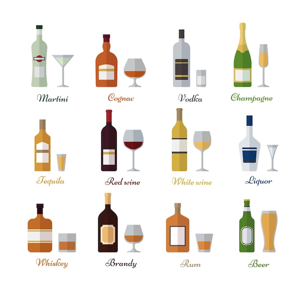 Boissons au design plat Ensemble de bouteilles et de verres d'alcool Boissons alcoolisées avec verres à vin