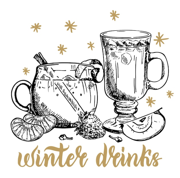 Vecteur boissons chaudes dessinées à la main boissons chaudes menu du bar modèle pour illustration de la nourriture et des boissons d'hiver