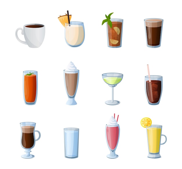 Vecteur boissons de dessin animé boissons chaudes et froides cocktails alcoolisés café ou thé verres isolés pour la limonade collection de milkshake et smoothie cacao sucré eau propre ensemble de barres vectorielles