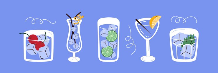 Vecteur boissons de dessins animés colorés dans différents types de verres sur fond bleu