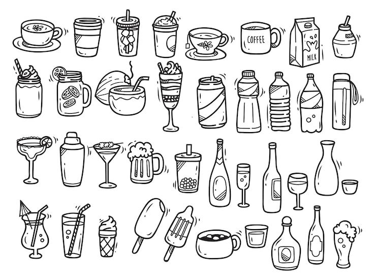 Boissons doodle sur fond blanc