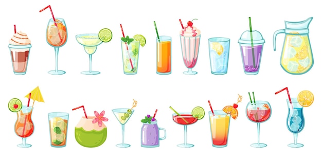 Vecteur boissons d'été cocktails tropicaux sans alcool limonades smoothies jus de fruits frais eau avec set de glace
