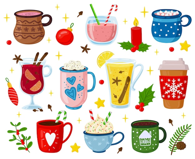 Boissons de Noël. Boissons sucrées de vacances, cocktails, punch, café, chocolat chaud avec guimauves et ensemble d'illustrations vectorielles à la crème fouettée. Boissons de fête de Noël. Tasse de boisson sucrée d'hiver, chocolat de vacances