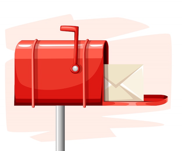 Vecteur boîte aux lettres ouverte rouge avec courrier dans l'illustration de style sur la page du site web fond blanc et application mobile