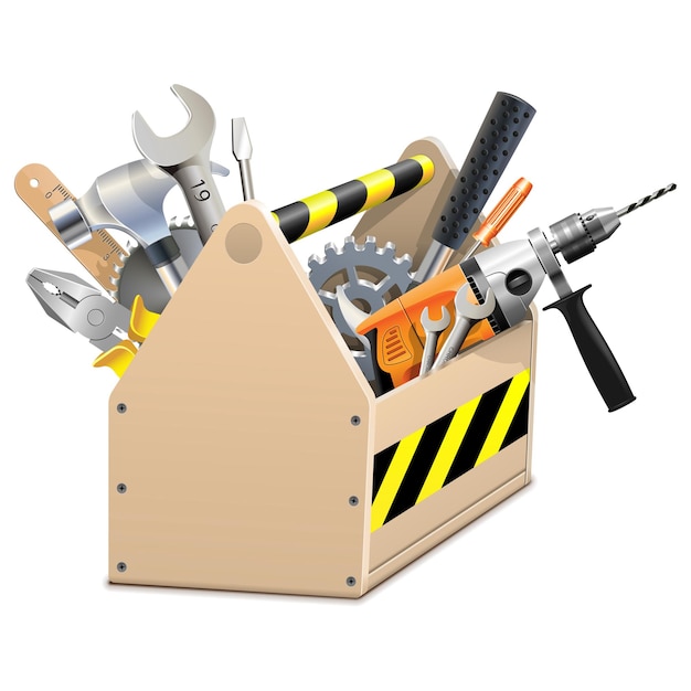 Boîte en bois avec des outils isolés sur blanc