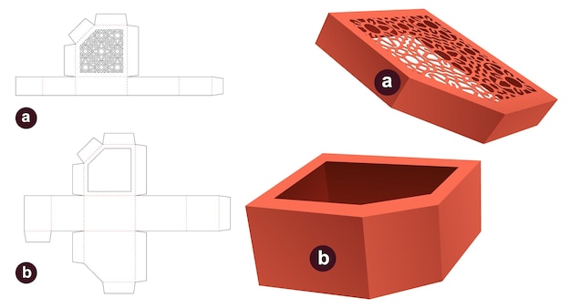 Une Boîte De Bol D'angle Chamered Avec Modèle De Découpe De Couvercle à Motif Au Pochoir Et Maquette 3d
