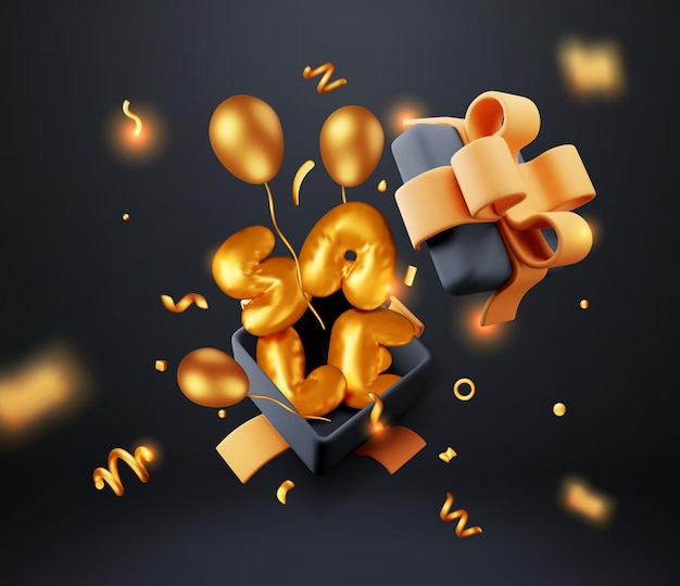 Boîte cadeau 3D avec des ballons de vente et des confettis