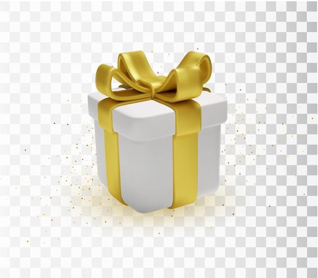 Boîte cadeau 3d avec ruban doré et nœud sur fond transparent