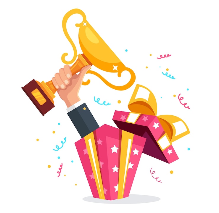 Vecteur boîte-cadeau avec bras et main gagnant célébration du prix présent concept surprise