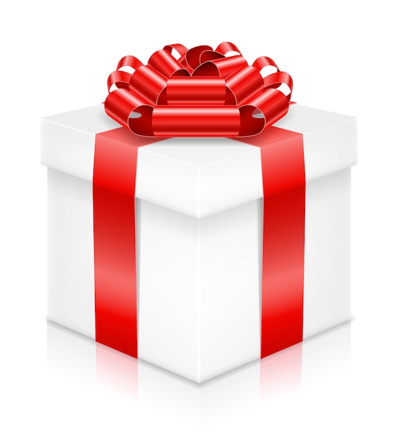 Boîte cadeau avec un nœud et un ruban sur blanc