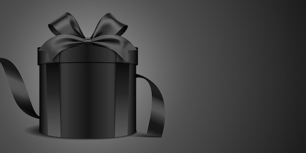 Boîte cadeau noire ronde avec ruban sur le fond noir horizontal bannière vectorielle de cadeau premium