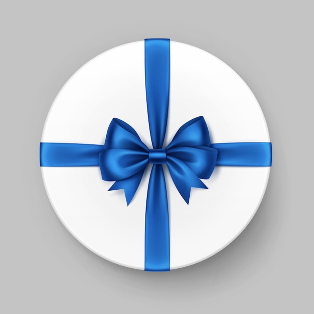 Boîte cadeau ronde blanche avec noeud et ruban en satin bleu brillant