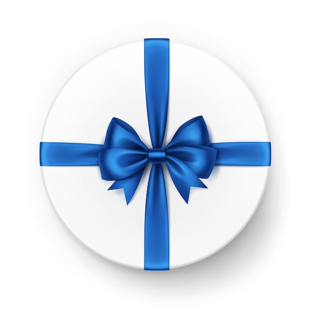 Boîte cadeau ronde blanche avec noeud et ruban en satin bleu brillant
