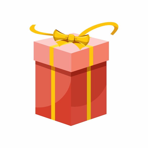 Boîte cadeau rouge avec une icône de ruban jaune dans le style de dessin animé sur fond blanc