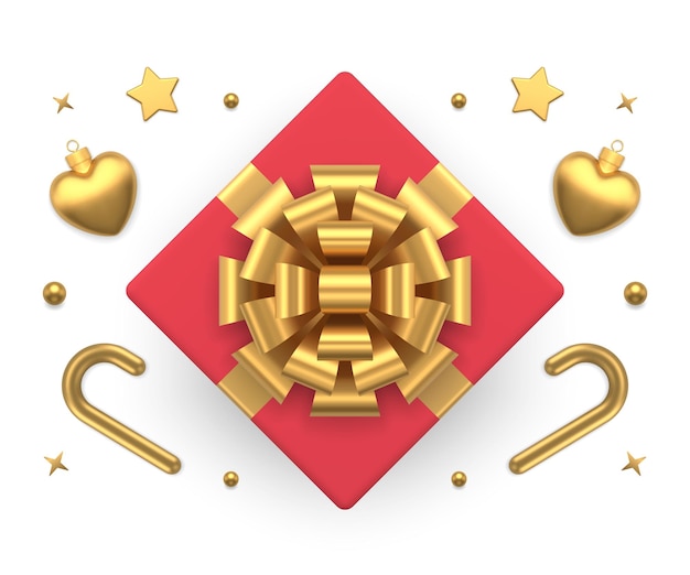 Vecteur boîte-cadeau rouge avec ruban arc doré décor festif haut de gamme vue de dessus vecteur d'icône 3d réaliste