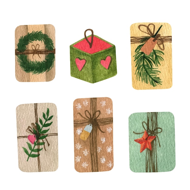 Boîte de cadeaux de collection aquarelle mignon vacances de Noël et du nouvel an clipart de Noël rustique