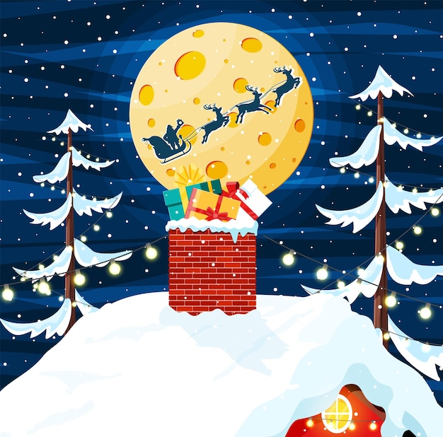 Boîte de cadeaux de Noël avec arc dans la cheminée Cadeaux de vacances sur le toit Décoration de bonne année Joyeux Noël Vacances du Nouvel An et célébration de Noël Illustration vectorielle plane
