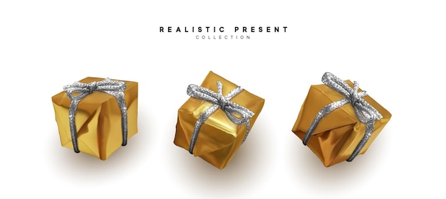 Boîte Cadeaux En Or Réaliste. Ensemble De Cadeaux Décoratifs En 3d. Illustration Vectorielle