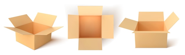 Boîte en carton. Boîtes ouvertes vides isolées sur fond blanc. Illustration vectorielle.