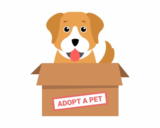 Vecteur boîte en carton avec chiens à adopter octobre est le mois de l'adoption d'un chien de refuge