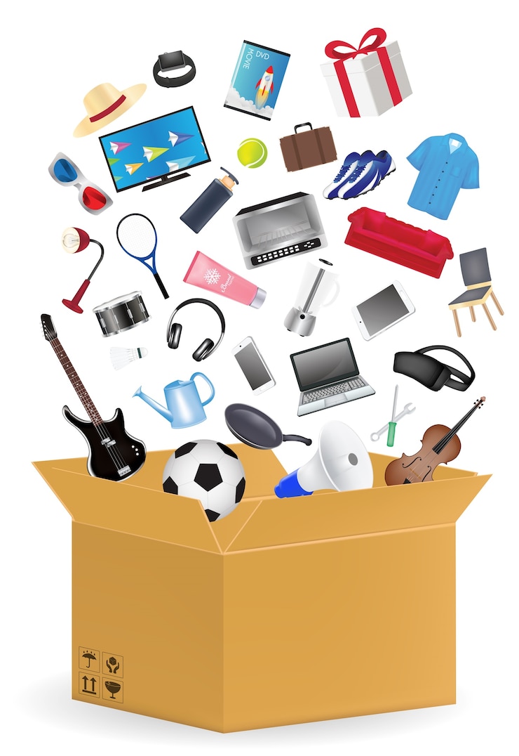 Vecteur boîte de carton ondulé avec de nombreux produits de magasinage flottant