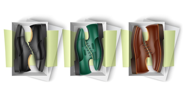 Boîte à chaussures Chaussures masculines classiques réalistes dans un emballage ouvert en carton de chaussures avec du papier tissu Bottes en cuir avec des lacets de différentes formes et couleurs Set vectoriel 3D isolé