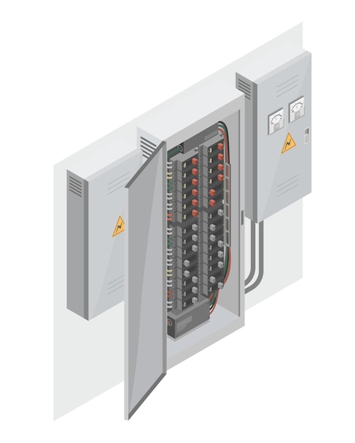 Vecteur boîte de contrôleur d'électricité techniciens de puissance service maintenance vecteur isolé isométrique