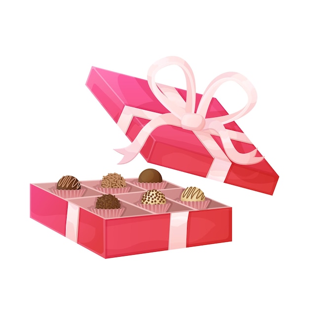 Vecteur boîte de dessin animé rouge de chocolats concept de cadeau saint valentin confiserie truffe