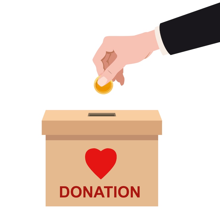 Vecteur boîte de donation avec pièce d'or d'insertion de main humaine, argent. dépôt dans un conteneur en carton avec une bannière de texte.