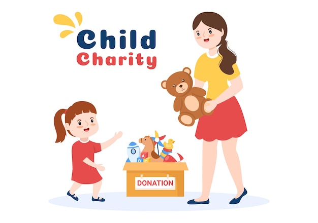 Boîte De Dons En Carton Contenant Des Jouets Pour Les Enfants Et La Charité Dans L'illustration De Dessin Animé Dessiné à La Main