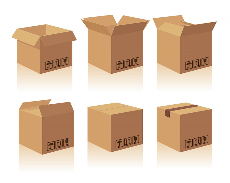 Vecteur boîte d'emballage de livraison en carton brun ouvert et fermé avec des signes fragiles. collection illustration boîte isolée avec ombre sur fond blanc pour le web, icône, bannière, infographie