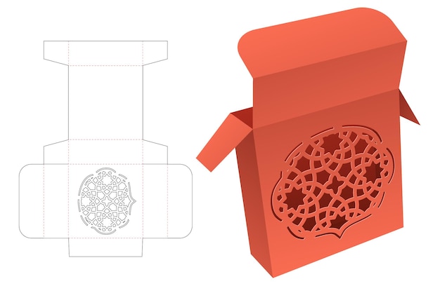 Boîte D'emballage Avec Motif Au Pochoir Dans Un Gabarit Découpé En Forme De Bouclier Et Maquette 3d