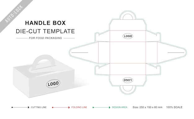 Vecteur boîte à gâteaux avec poignée découpée modèle pour l'emballage de boîte à aliments