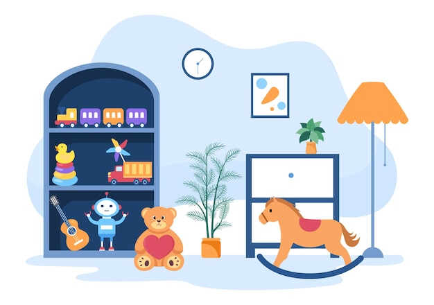 Boîte à jouets mignonne pour enfants pleine à la maternelle en illustration de style dessin animé plat pour le plaisir et les jeux