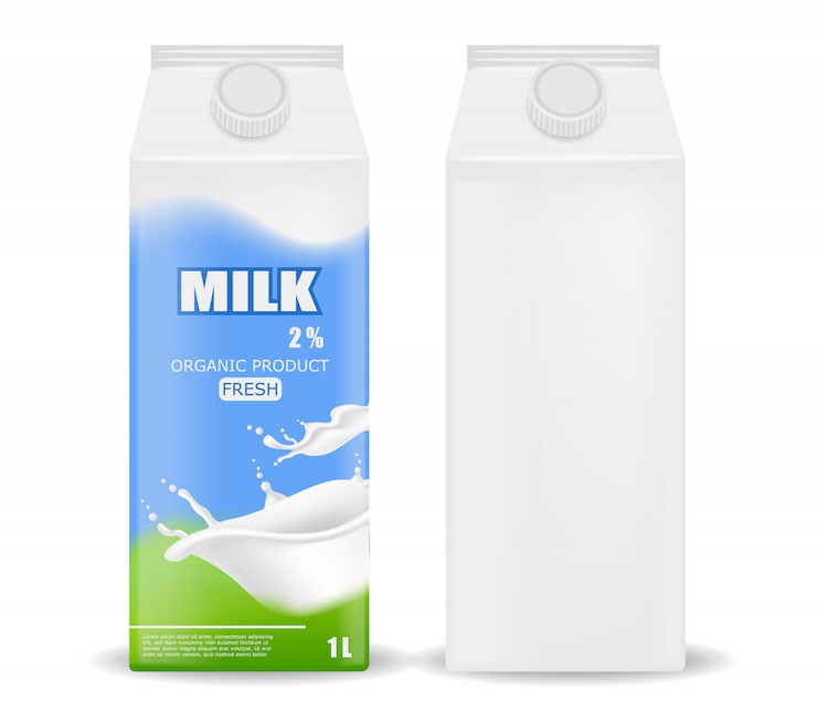 Vecteur boîte à lait réaliste, boîte blanche biologique et boîte colorée, emballage, produits de la ferme isolés
