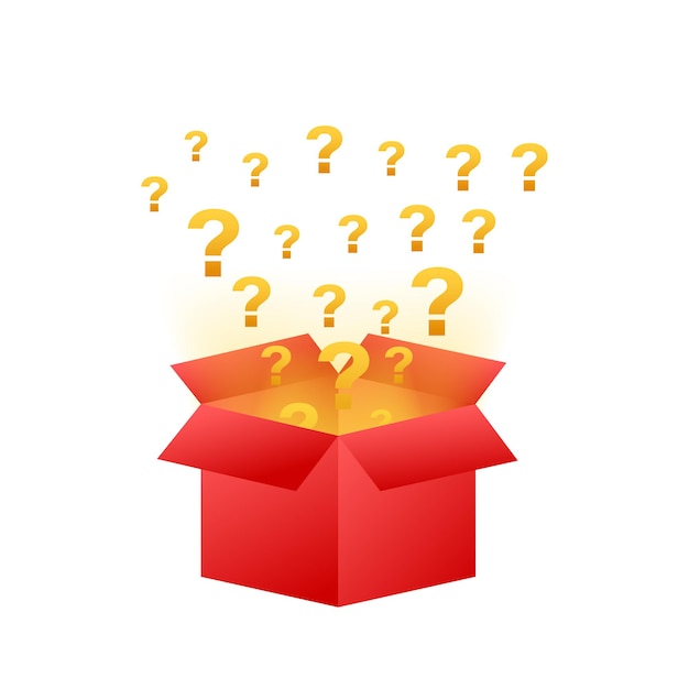 Boite mystère. Emballage pour la conception. Cadeau surprise. Conception de l'emballage. Symbole d'aide. Icône de point d'interrogation. Illustration vectorielle de stock.