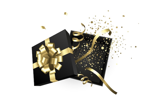 Vecteur boîte noire ouverte avec un arc en or collection de cadeaux de noël et d'anniversaire