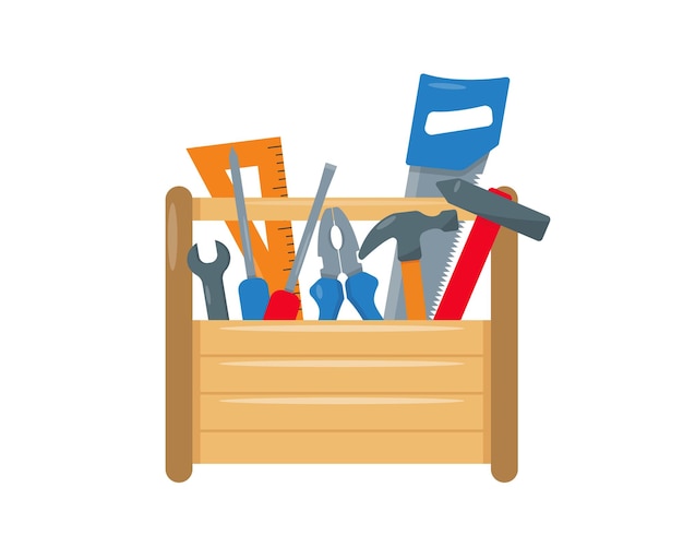 Vecteur boîte à outils de charpentier ou de réparation avec des instruments à l'intérieur d'une illustration de style dessin animé