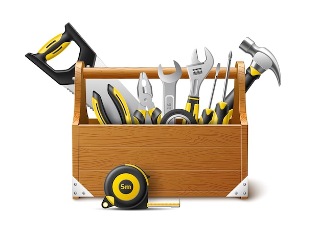 Boîte à outils réaliste coffre en bois avec différents réparateurs instruments magasin d'équipement de menuiserie scie à marteau et clés 3D composition isolée avec des objets de travailleurs concept vectoriel utter