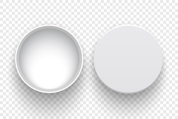Boîte ouverte ronde blanche avec couvercle sur fond transparent