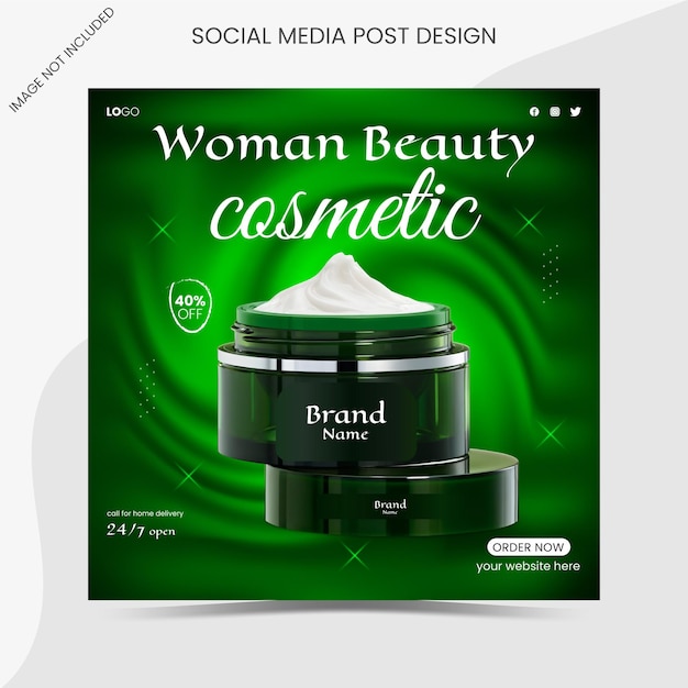 Vecteur une boîte verte avec des cosmétiques de beauté pour femme dessus et une bannière vectorielle de médias sociaux