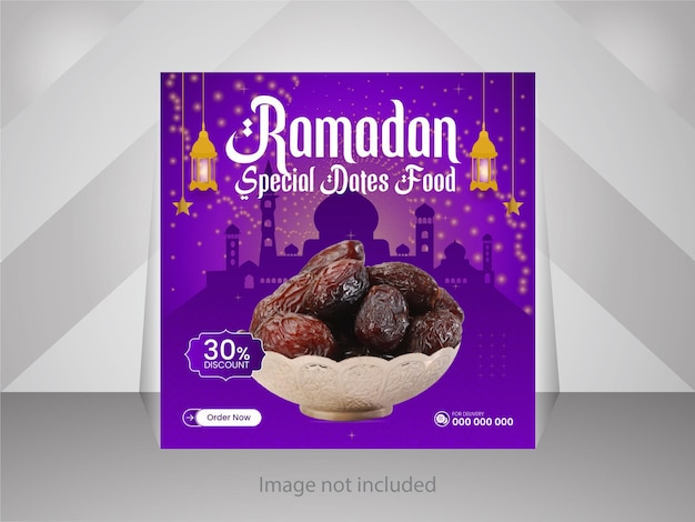 Vecteur une boîte violette avec une étiquette violette indiquant des aliments spéciaux pour les dates du ramadan.