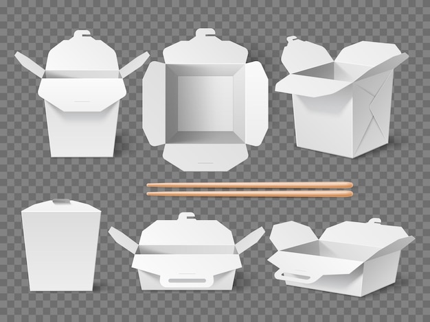 Boîte à wok réaliste modèle de récipient de pâtes ou de nouilles en carton blanc pailles à manger asiatiques en bois emballage de nourriture de rue chinoise maquette haut et vue latérale élément 3d ensemble isolé vectoriel utter.
