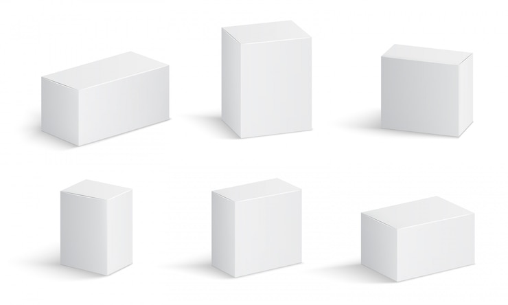 Vecteur boîtes en carton blanc. paquet de médicaments vierges de différentes tailles. boîte carrée de produit médical 3d