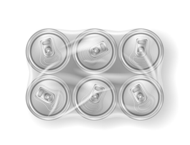 Boîtes de conserve de bière réalistes dans une pellicule plastique, vue de dessus de six pots en métal de soude. Bidons cylindriques en aluminium dans un emballage transparent, bouteilles de boisson isolées sur fond blanc. illustration vectorielle 3d