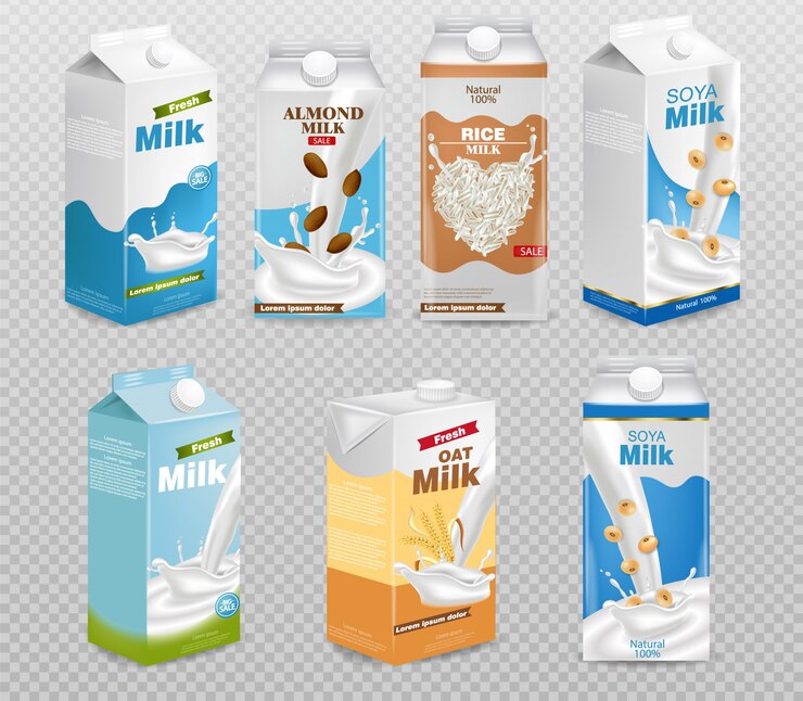 Vecteur boîtes à lait isolés sur fond transparent