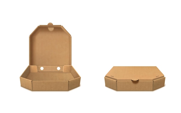 Boîtes de pizza en carton ouvertes et fermées Emballages réalistes à emporter pour les repas chauds
